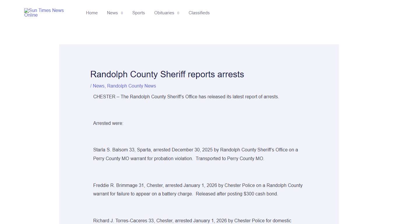 Randolph County Sheriff reports arrests – Sun Times News Online